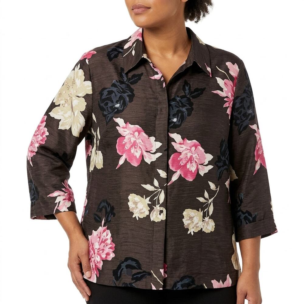 Silk Land 100% Silk Brown Floral Blouse Women Plus Size 1X